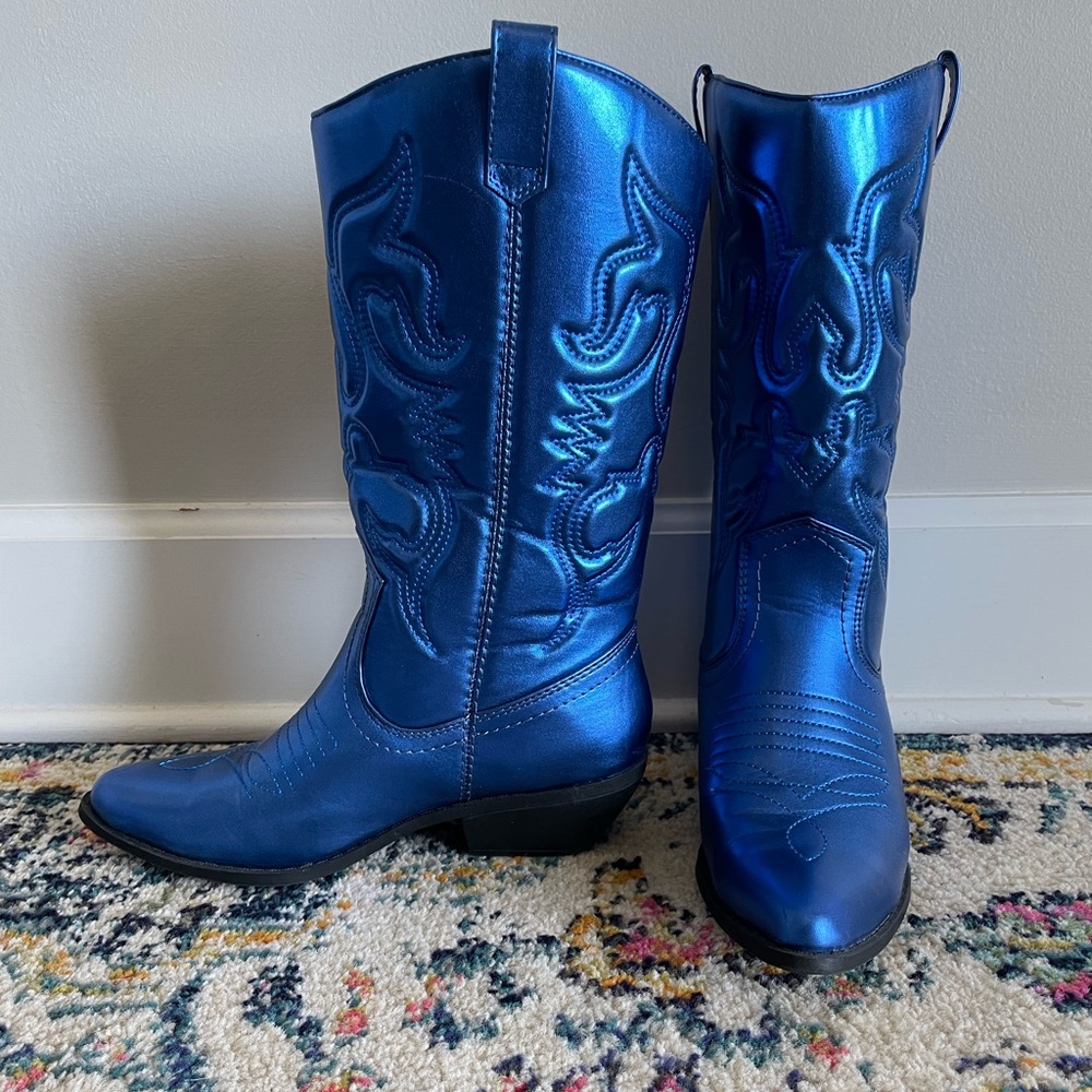 Metallic Blue Western Cowboy Boots - Women's Fashion Boot